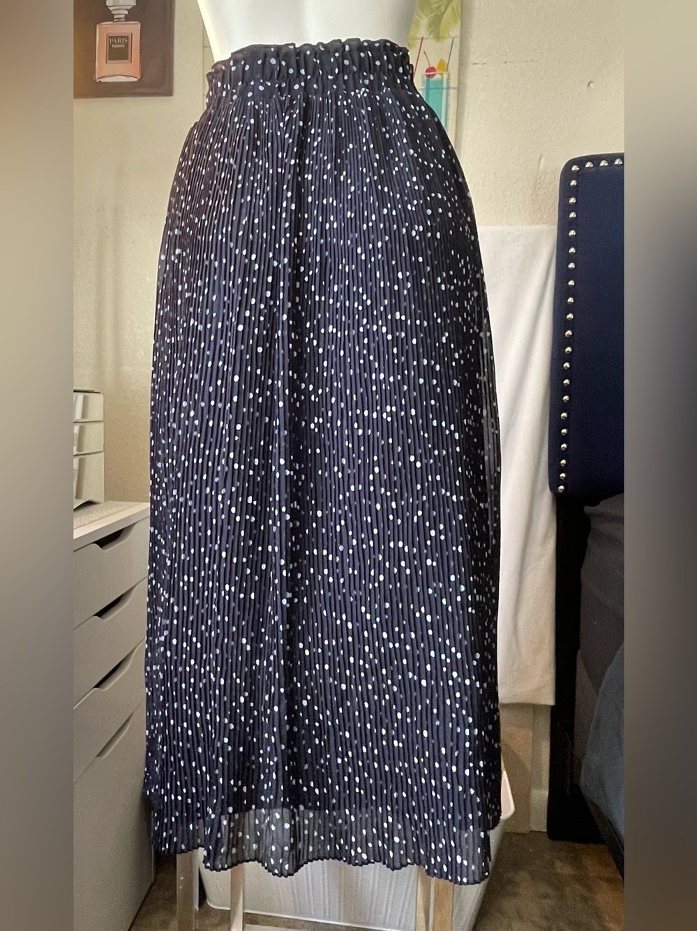 LOFT Navy Pleated Midi Skirt with White Dots